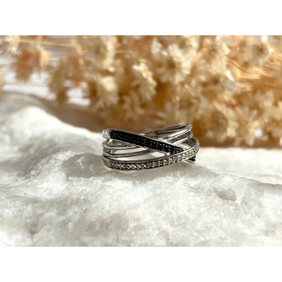 CZ & Black Spinel Multi Shanked Unusual 925 Sterling Silver Vintage Ring - sz 7 - Picture 8 of 13